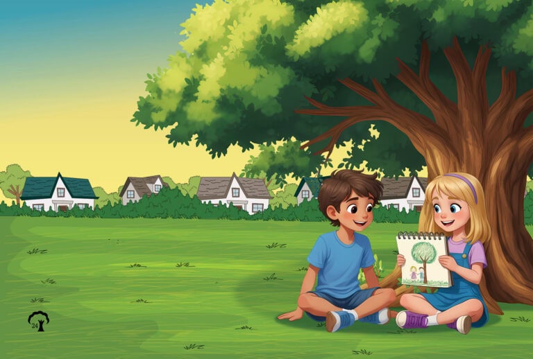 children's book illustrator, sample showing two kids reading under tree in park`