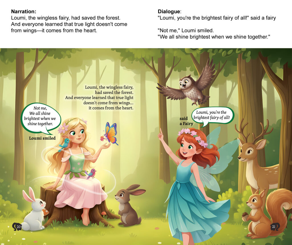children's book illustrator | sample showing fairy characters Loumi in forest setting with professional digital artwork