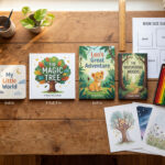 Children's Book Dimensions by Age Group, illustrator workspace showing books of different sizes alongside rulers and size guide templates, from small board books to large picture books