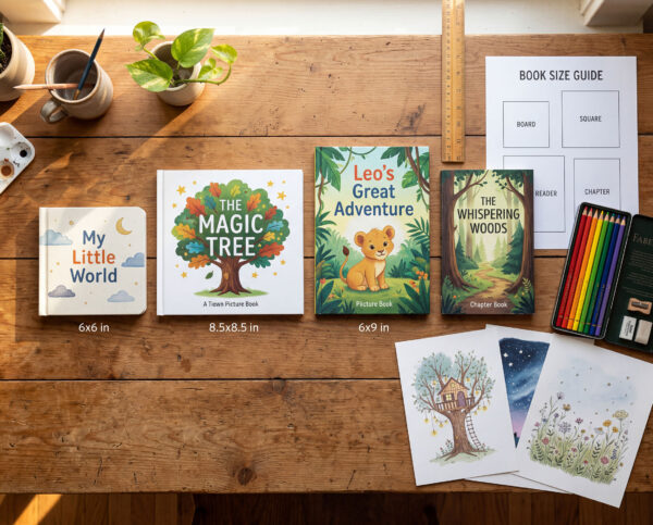 Children's Book Dimensions by Age Group, illustrator workspace showing books of different sizes alongside rulers and size guide templates, from small board books to large picture books