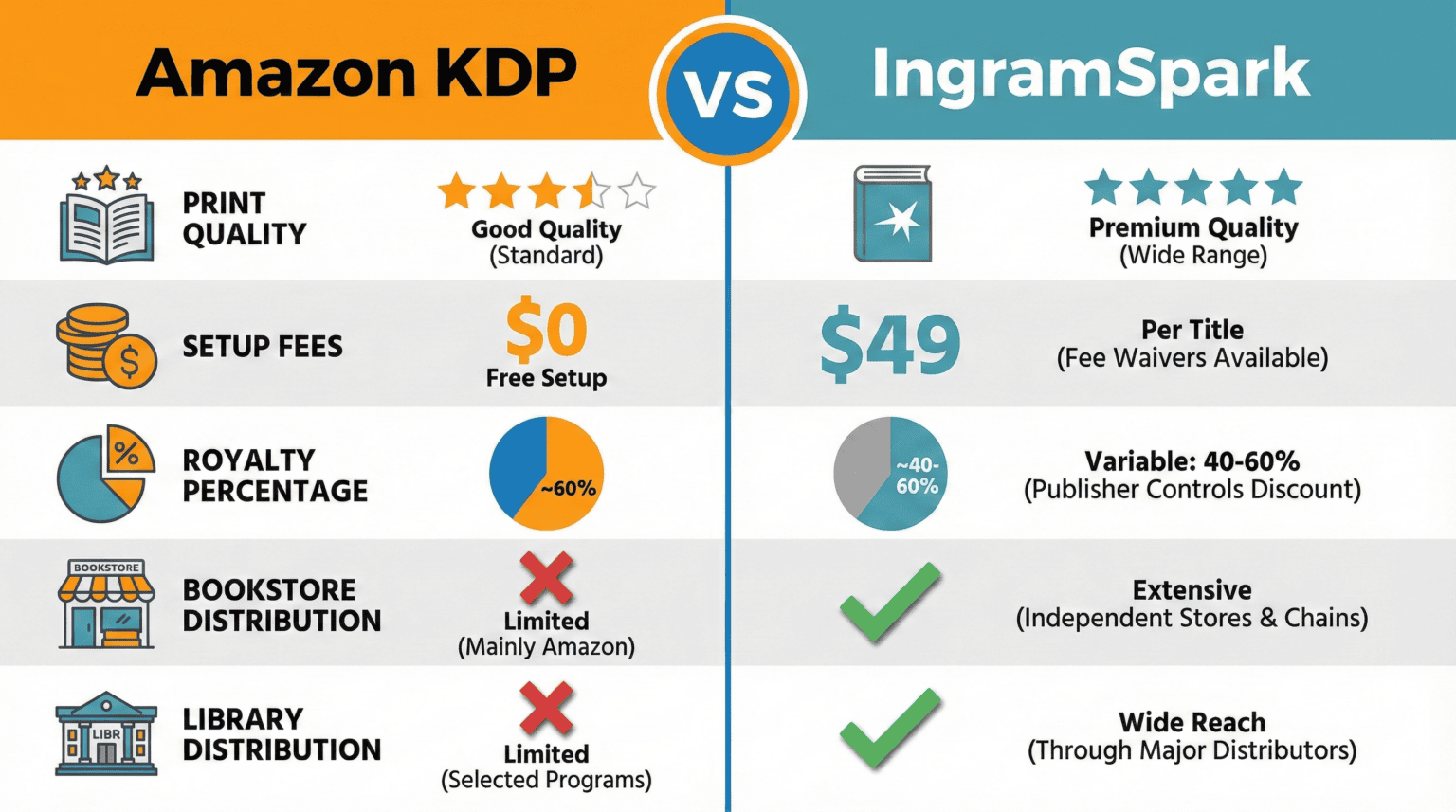 Comparison info-graphic showing Amazon KDP versus IngramSpark publishing platforms covering print quality, setup fees, royalties, bookstore distribution, and library distribution