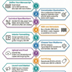How to Self-Publish a Children's Book: Timeline infographic showing the 10-step children's book self-publishing process from manuscript to launch over 3 to 6 months