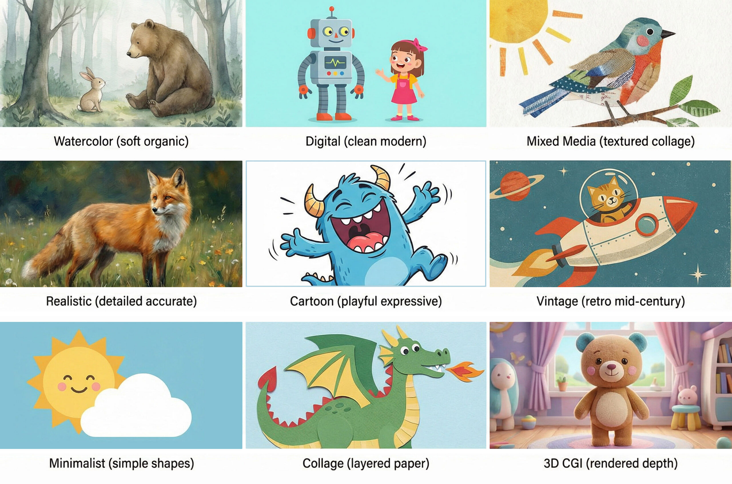 Nine different children's book illustration styles demonstrated with character examples