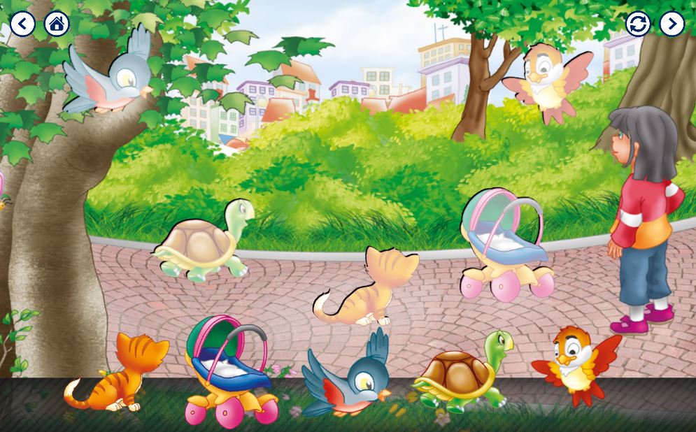 Interactive storybook app A New World showing story pages, educational mini-games, and learning activities for children