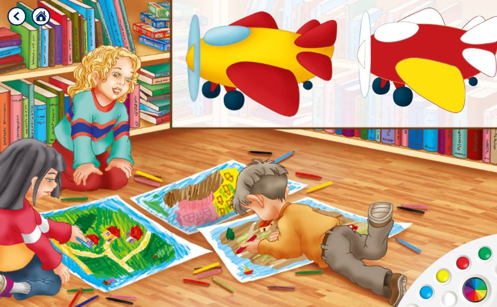 Interactive storybook app A New World showing story pages, educational mini-games, and learning activities for children