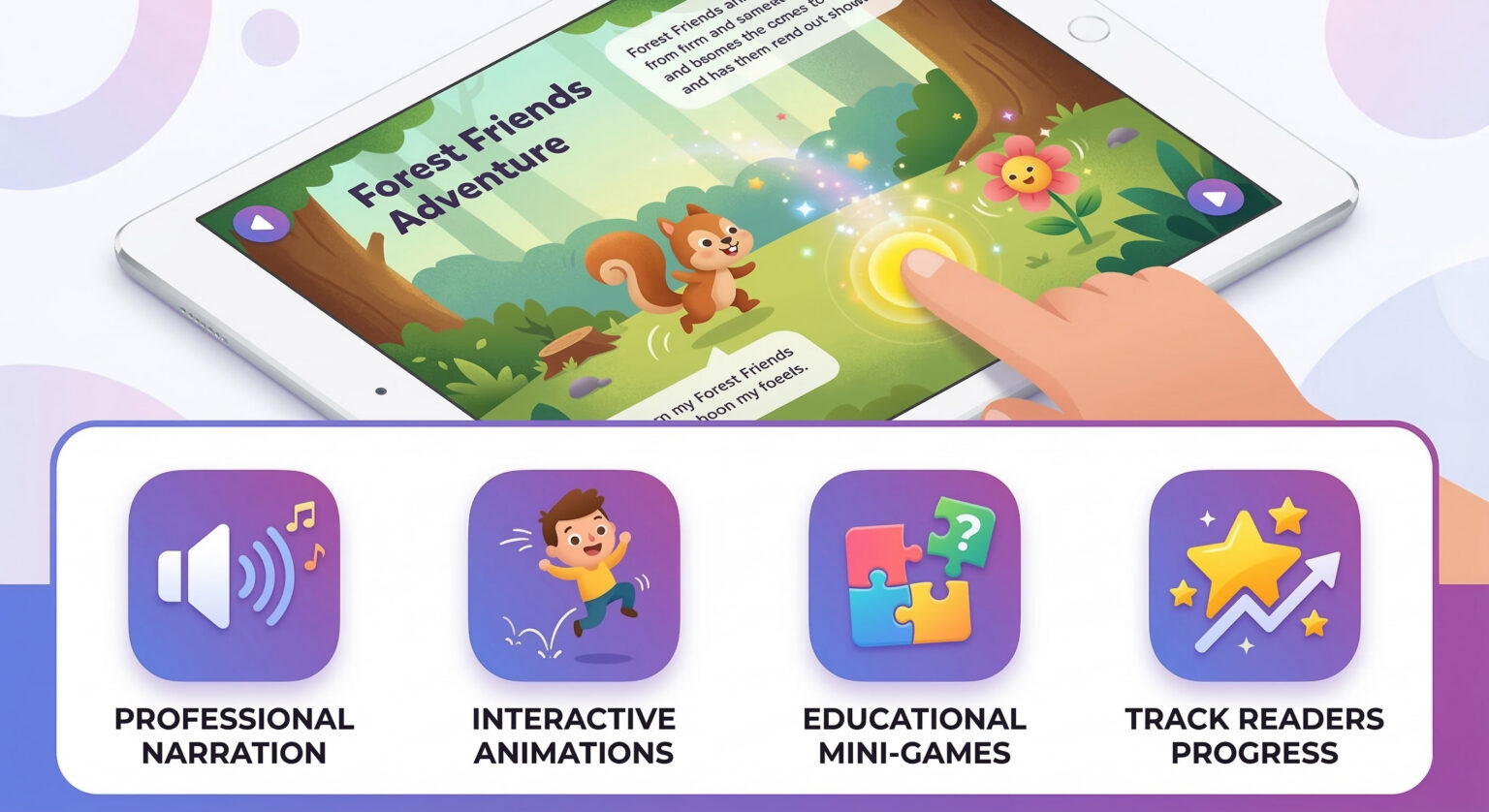 interactive children's book app features showing tap animations and narration on iPad screen