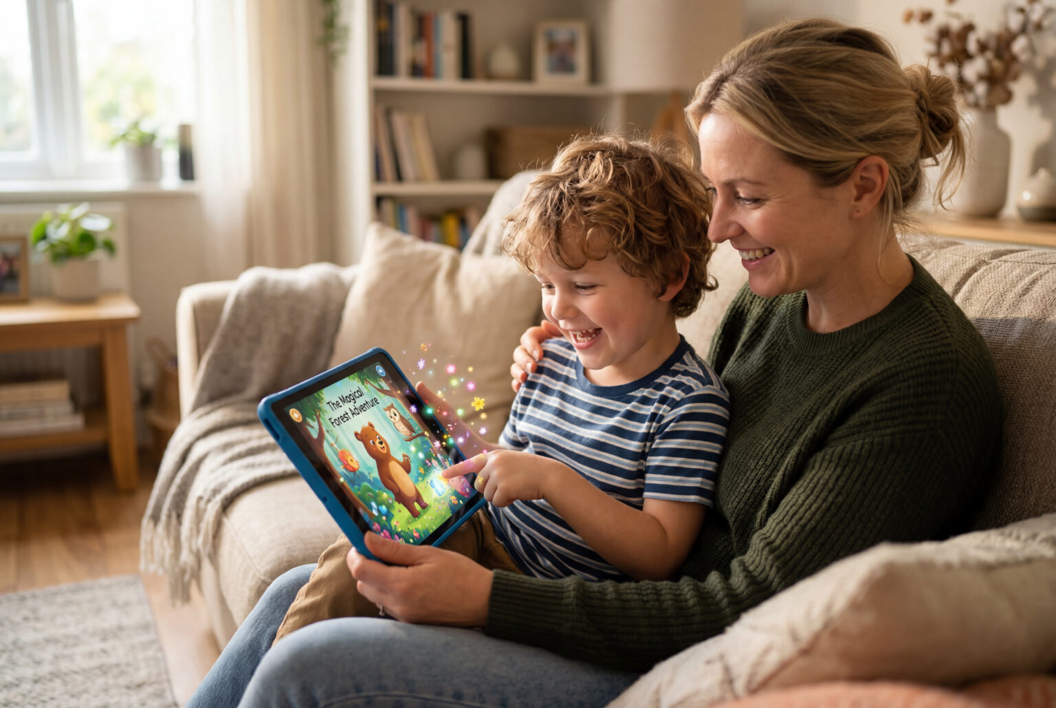 parent and child reading together using interactive children's book app on tablet