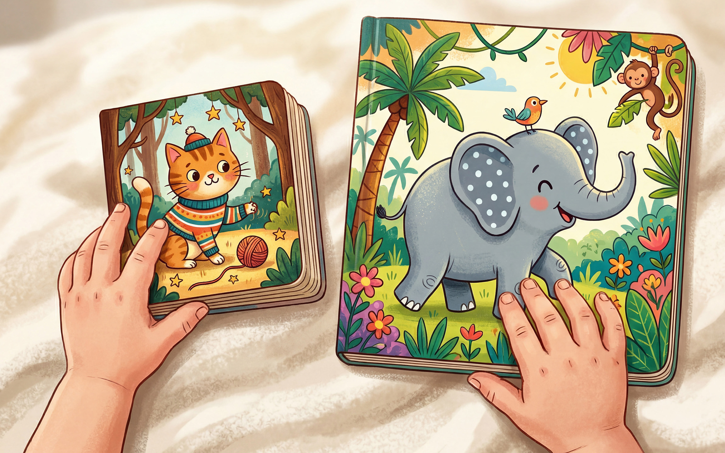 A small 6x6 board book held alongside a larger 8.5x8.5 picture book to show the dramatic size difference between children's book formats for different age groups