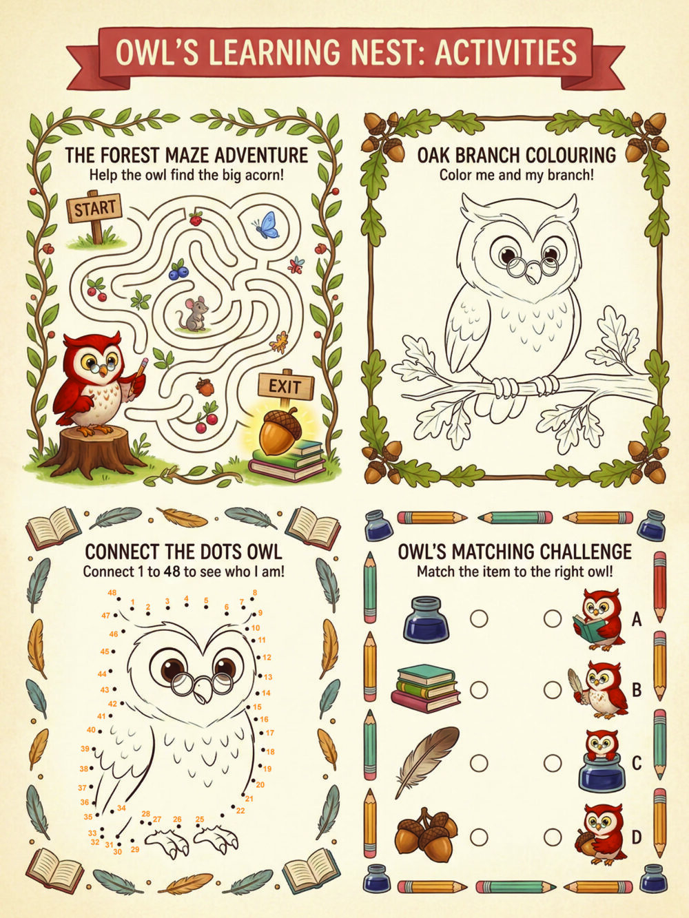 Custom educational activity book pages maze, coloring, connect the dots, matching game