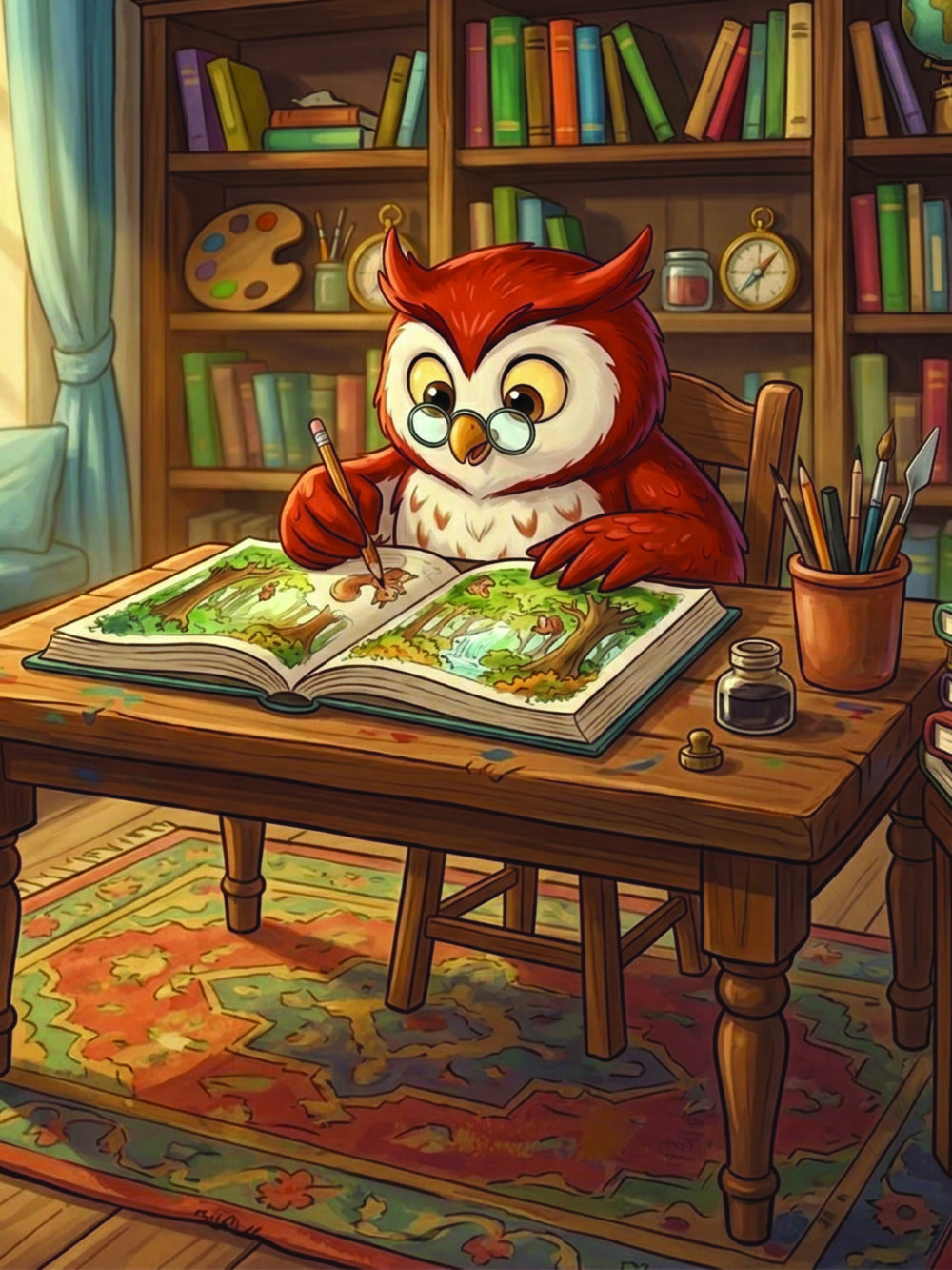 Professional children's book illustrator creating a custom book spread