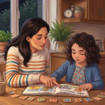 Illustrated scene of parent and child doing nightly phonics micro-sessions at a warm kitchen table in the evening