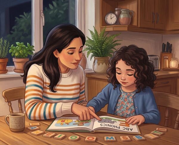 Illustrated scene of parent and child doing nightly phonics micro-sessions at a warm kitchen table in the evening