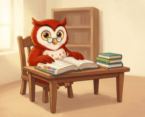 Illustrated workspace showing children's book publishing glossary tools including a ruler, colour swatches, and stacked picture books