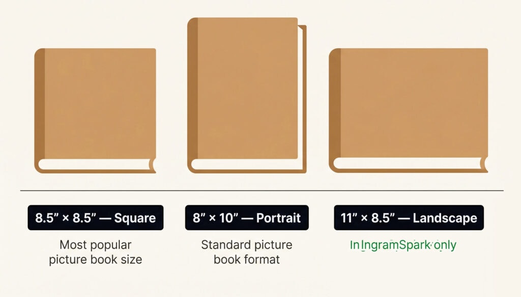 Comparison of common children's book trim sizes showing 8.5x8.5 square, 8x10 portrait, and 11x8.5 landscape