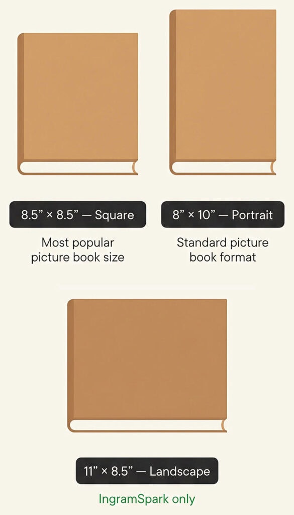 Comparison of common children's book trim sizes showing 8.5x8.5 square, 8x10 portrait, and 11x8.5 landscape