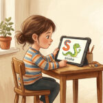Child using a phonics app showing letter sounds on a tablet