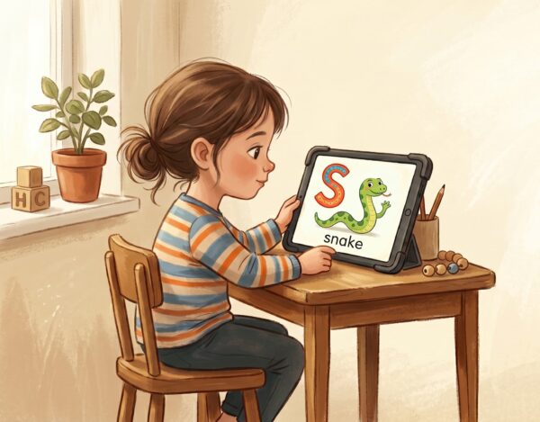 Child using a phonics app showing letter sounds on a tablet