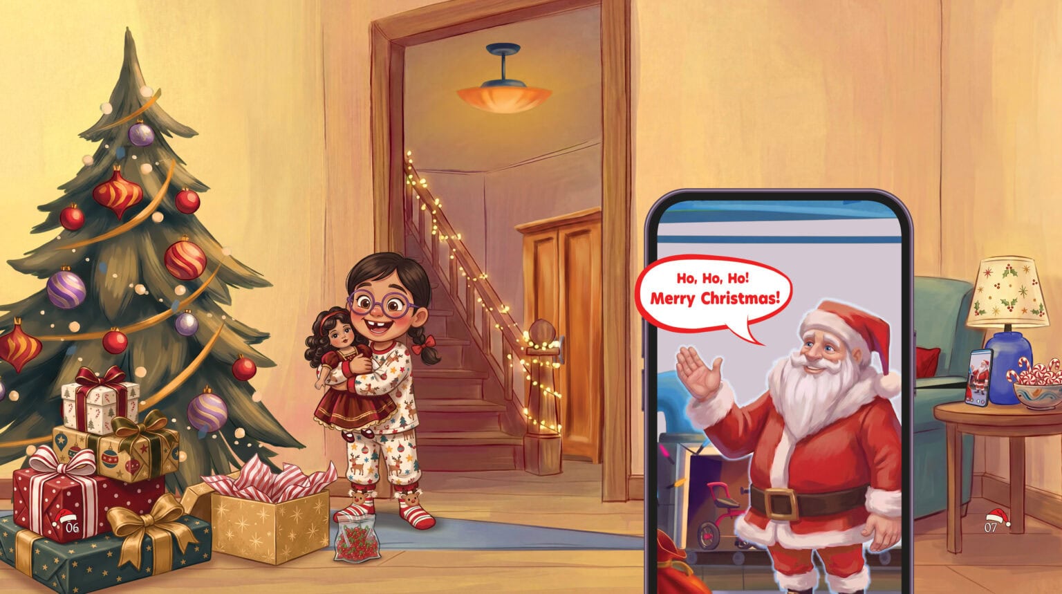 Illustrated spread from A.I. Santa by children's book illustrator Aris Karavias, part of an ongoing author partnership with Elisa Tsongidou.