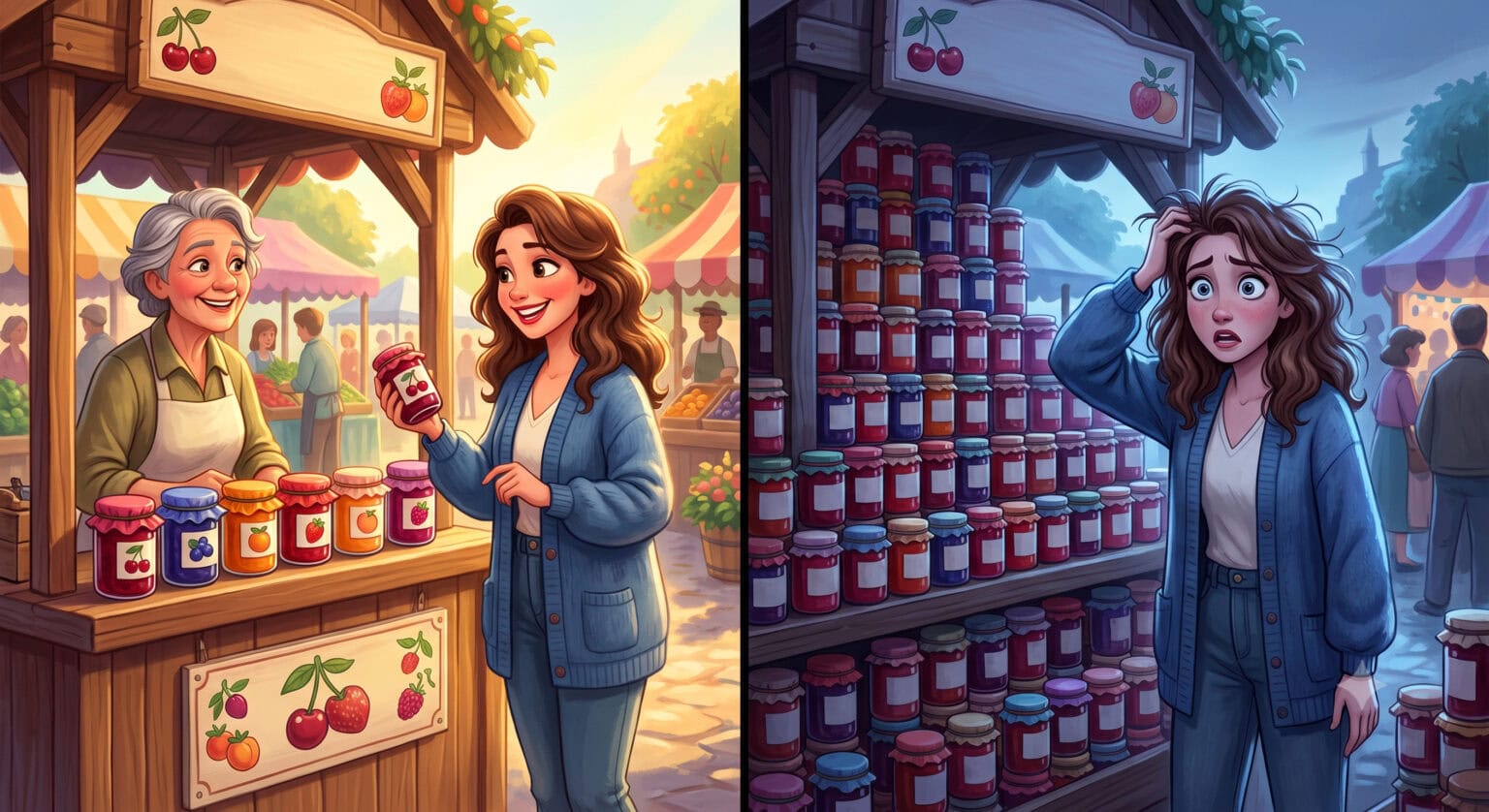Choice overload illustrated: shopper frozen before twenty-four options versus deciding easily with six