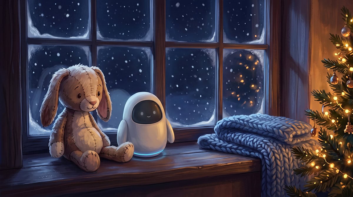 A plush rabbit and a small toy robot on a snowy windowsill beside a lit Christmas tree, a calm scene for AI toys