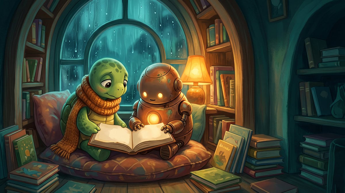 A young turtle and a small round robot sharing a picture book in a rainy library nook, books about AI for kids