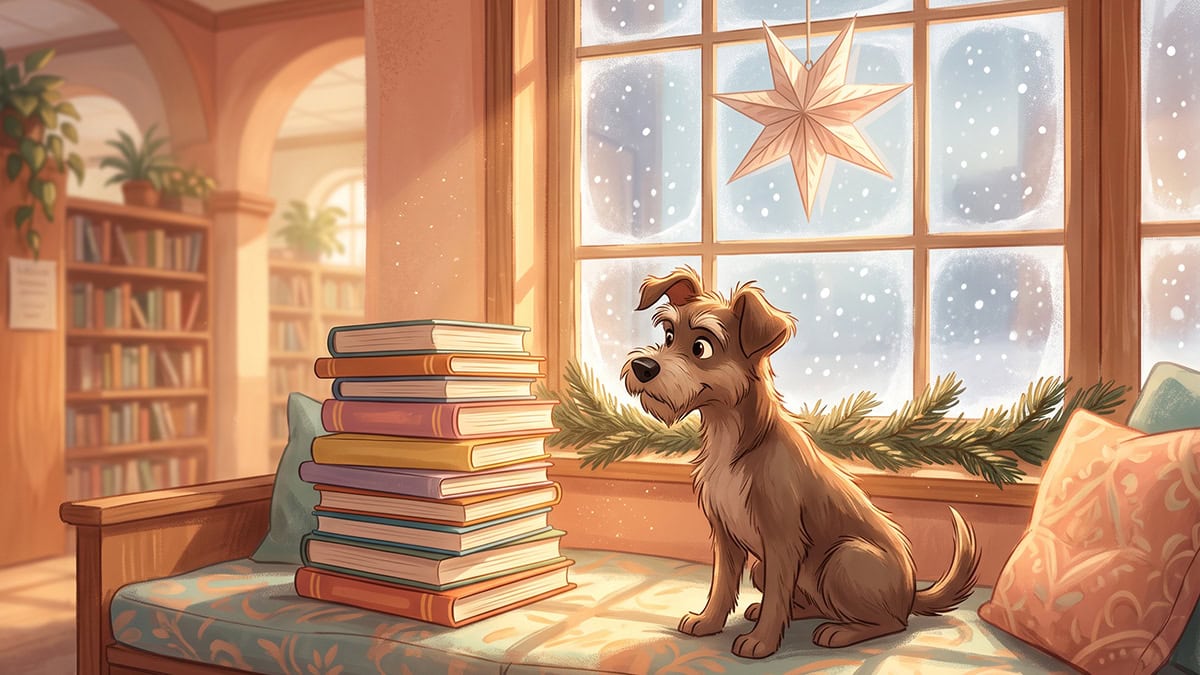 Illustrated scruffy dog on a window seat beside a stack of picture books, Christmas books about dogs