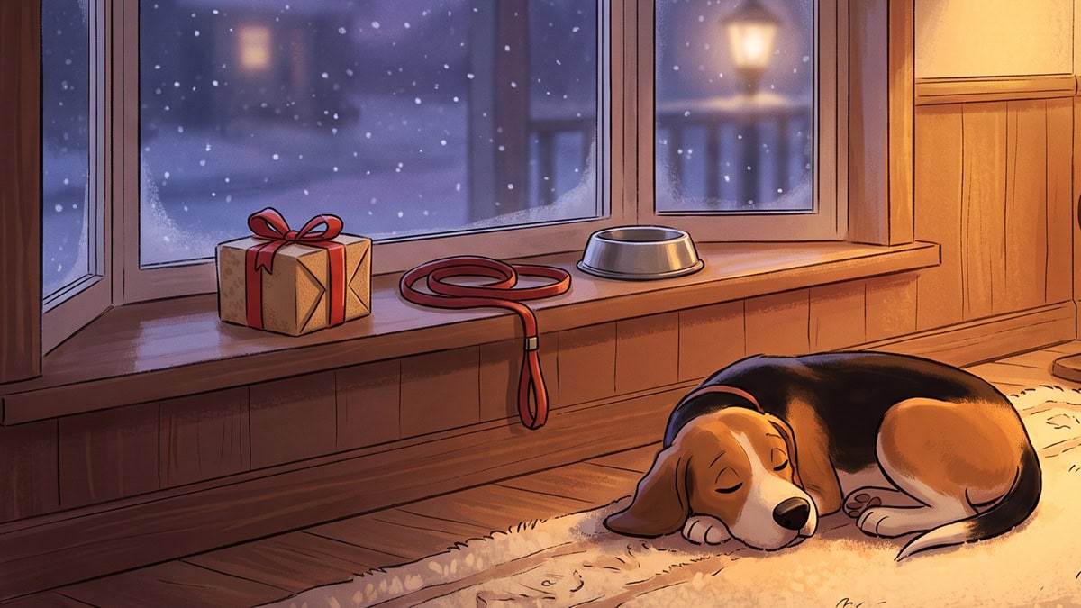 Illustrated beagle asleep beside a snowy window with a wrapped gift, a red leash and a bowl, gifts for dog lovers at Christmas