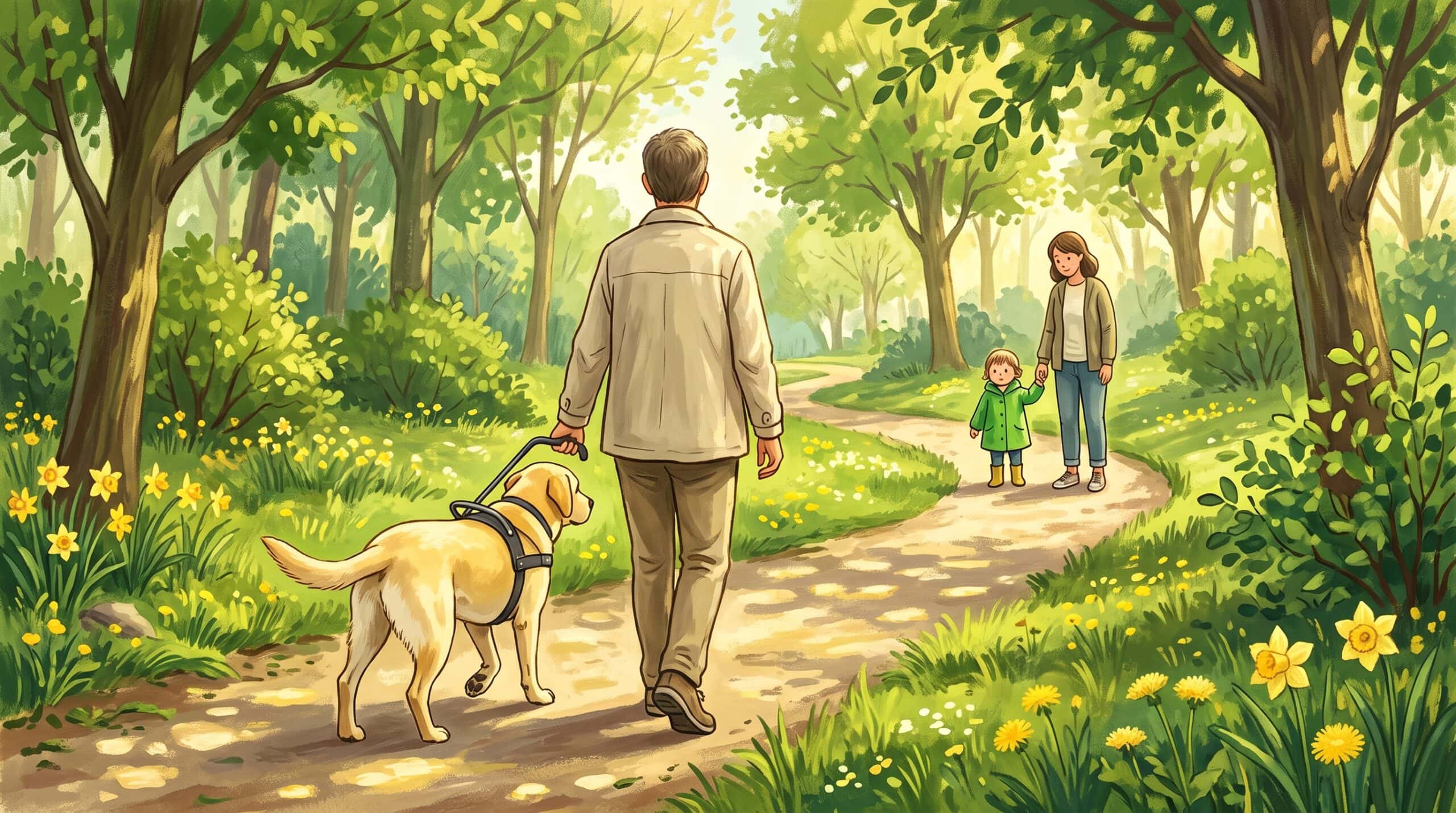 llustrated yellow Labrador in a guide dog harness walking beside an adult on a sunny park path while a child watches from a distance