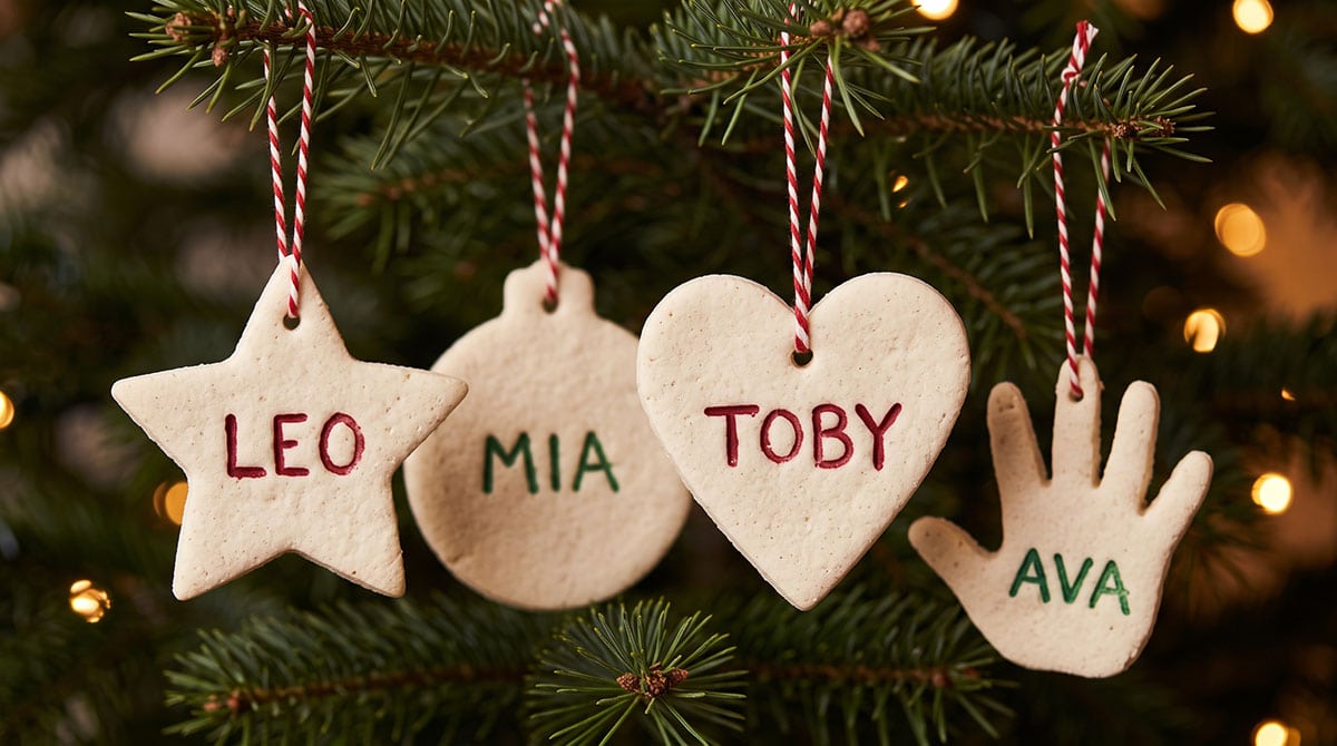 Finished salt dough ornaments with children's names painted on them, hanging on a Christmas tree